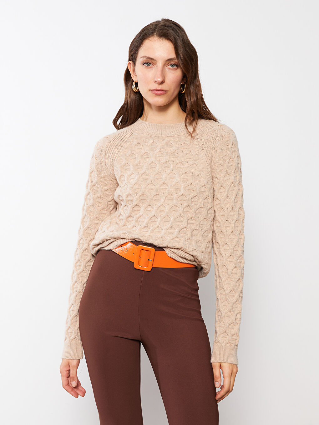 Bej Bisiklet Yaka Kendinden Desenli Uzun Kollu Kadın Triko Kazak-3