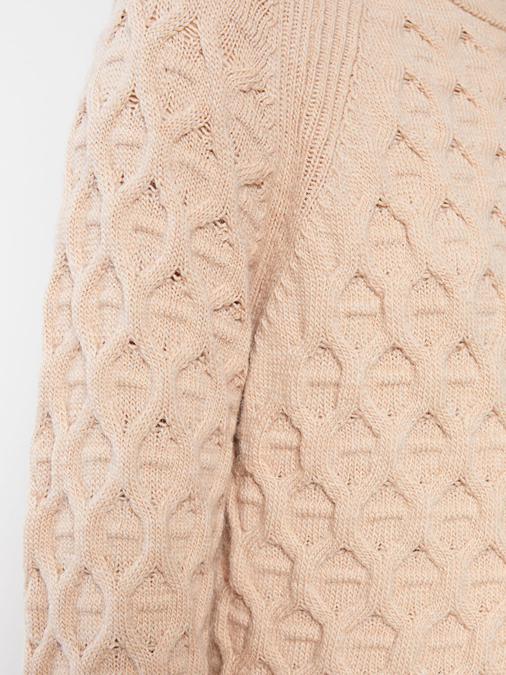 Bej Bisiklet Yaka Kendinden Desenli Uzun Kollu Kadın Triko Kazak-4