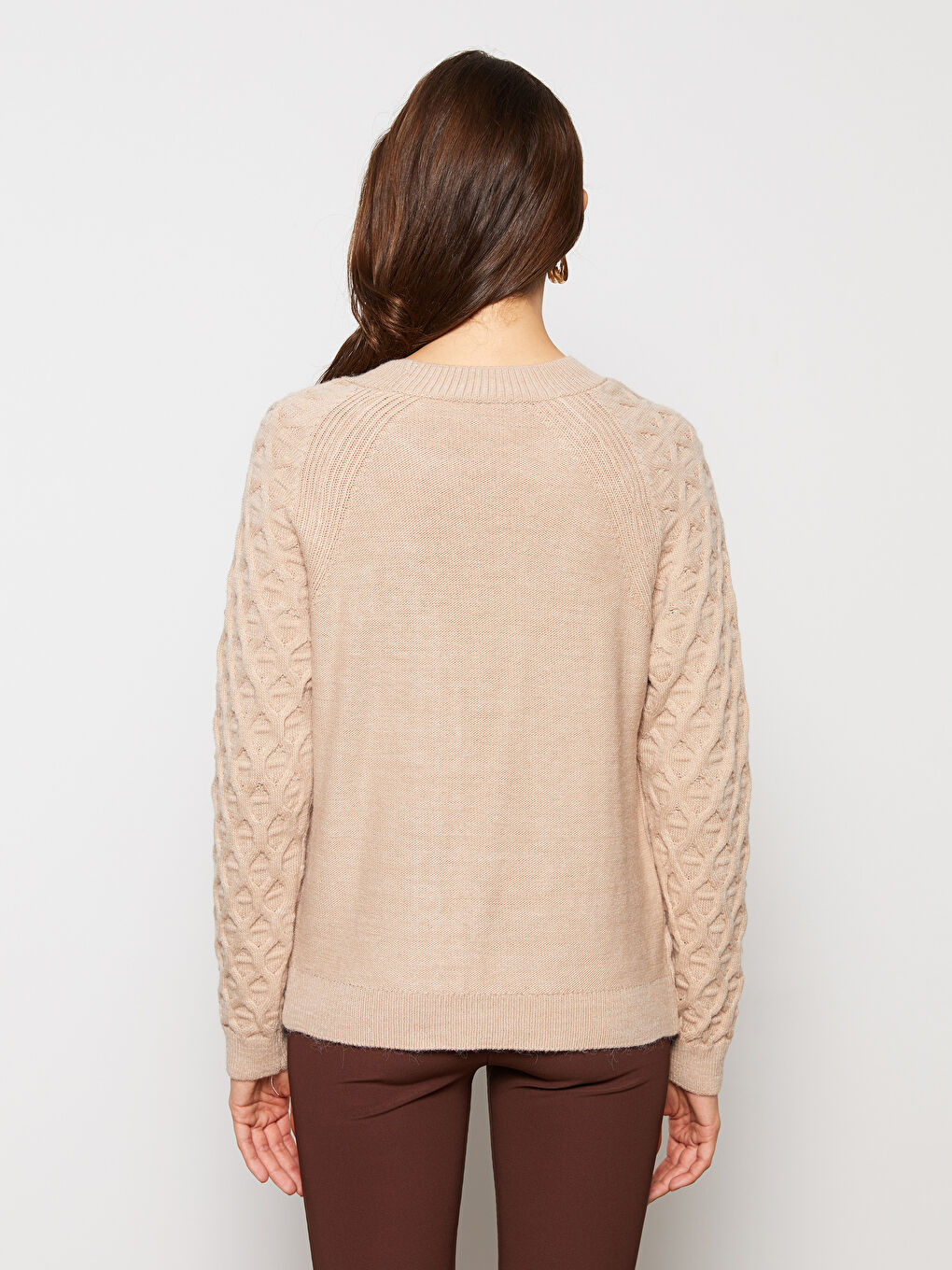 Bej Bisiklet Yaka Kendinden Desenli Uzun Kollu Kadın Triko Kazak-5