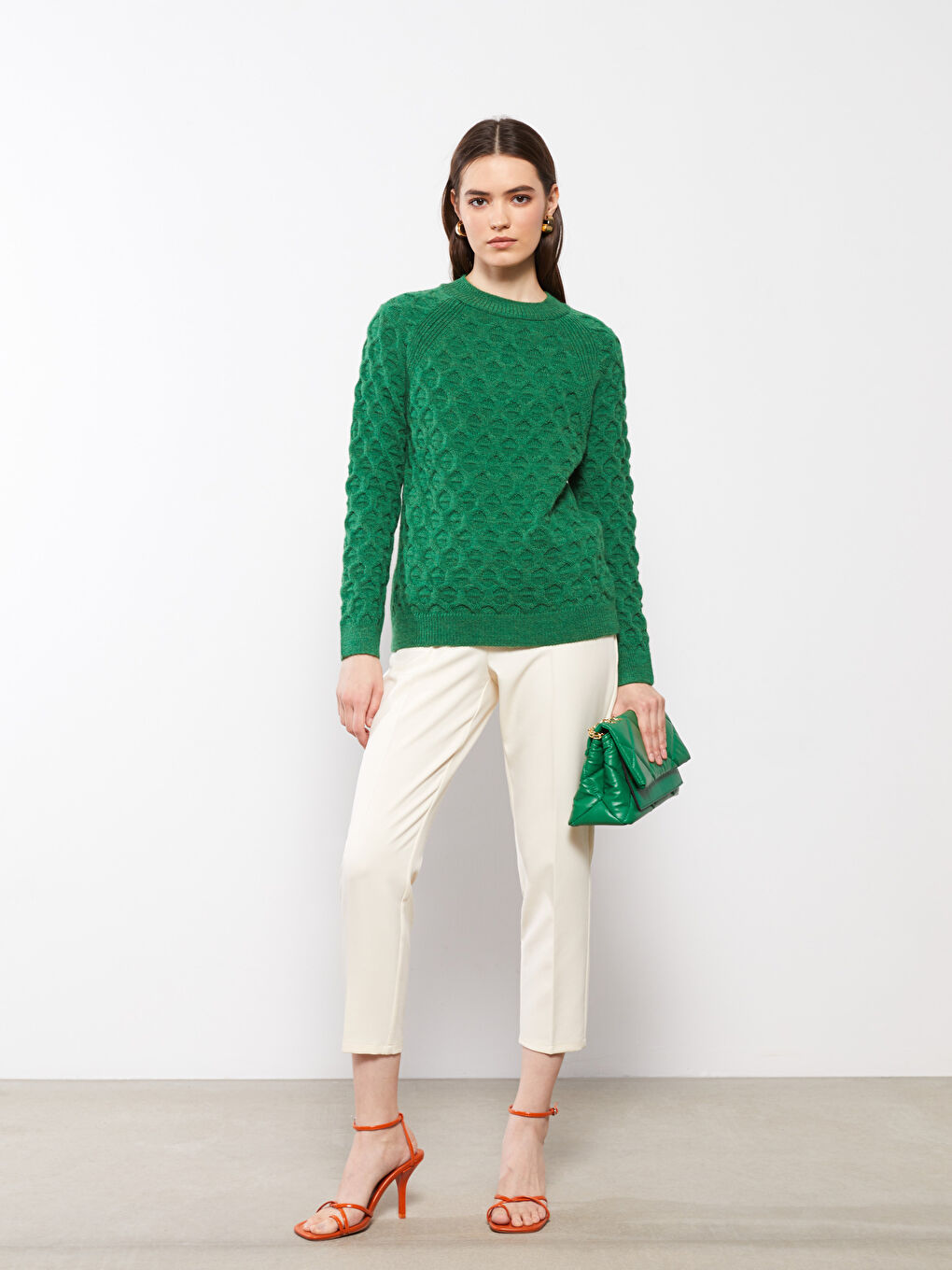 әйелдерге арналған дөңгелек жағалы өрнекті ұзын жең трикотаж жемпір