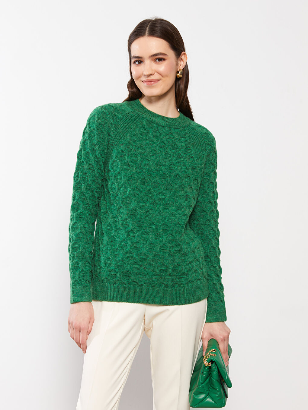 әйелдерге арналған дөңгелек жағалы өрнекті ұзын жең трикотаж жемпір-1