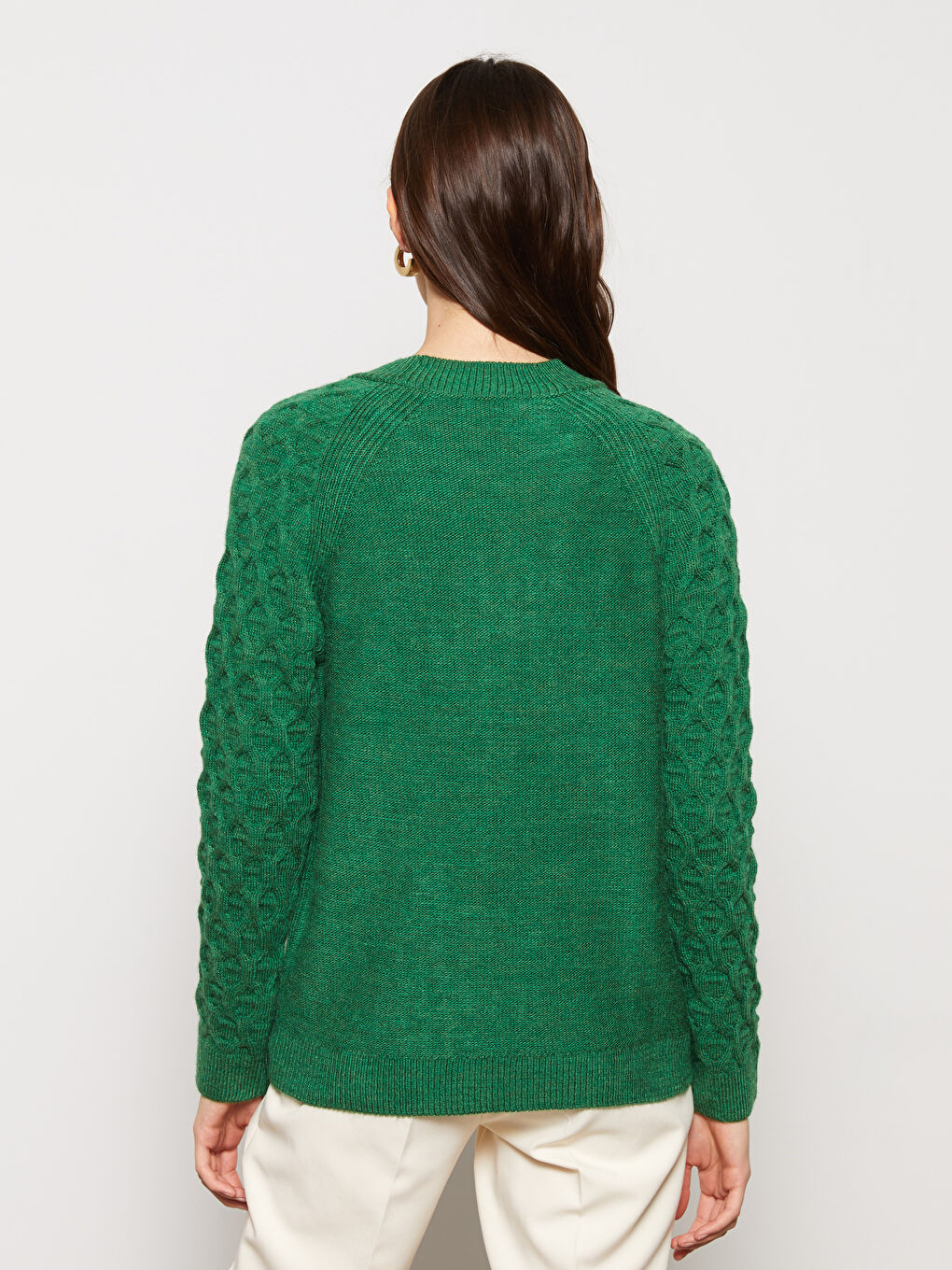 әйелдерге арналған дөңгелек жағалы өрнекті ұзын жең трикотаж жемпір-3