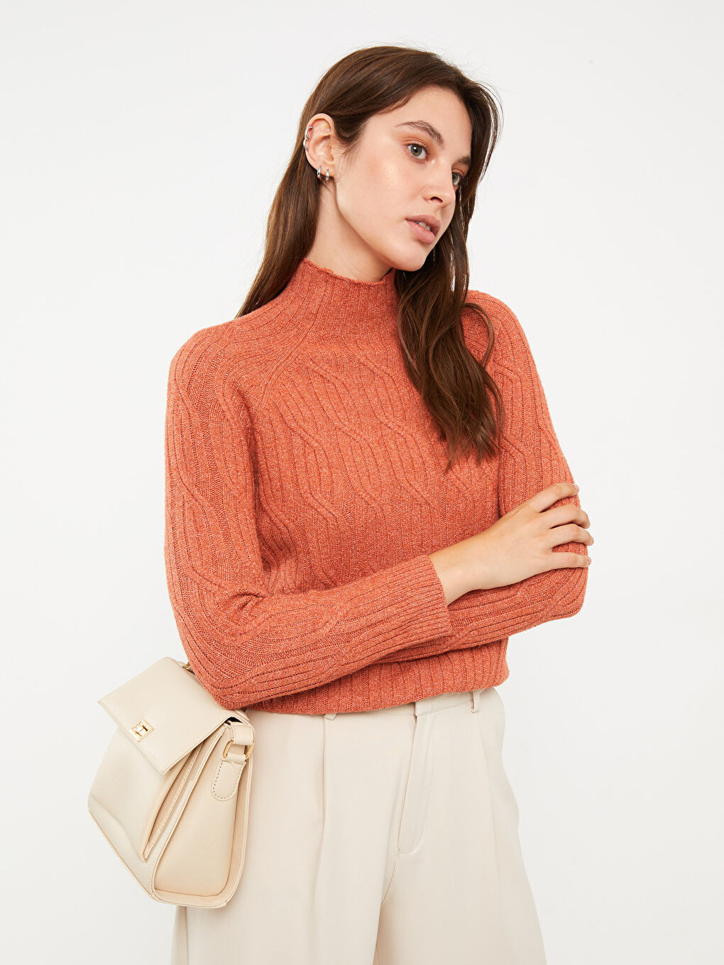 Half Turtleneck Self Patterned Long Sleeve Women's Tricot Sweater