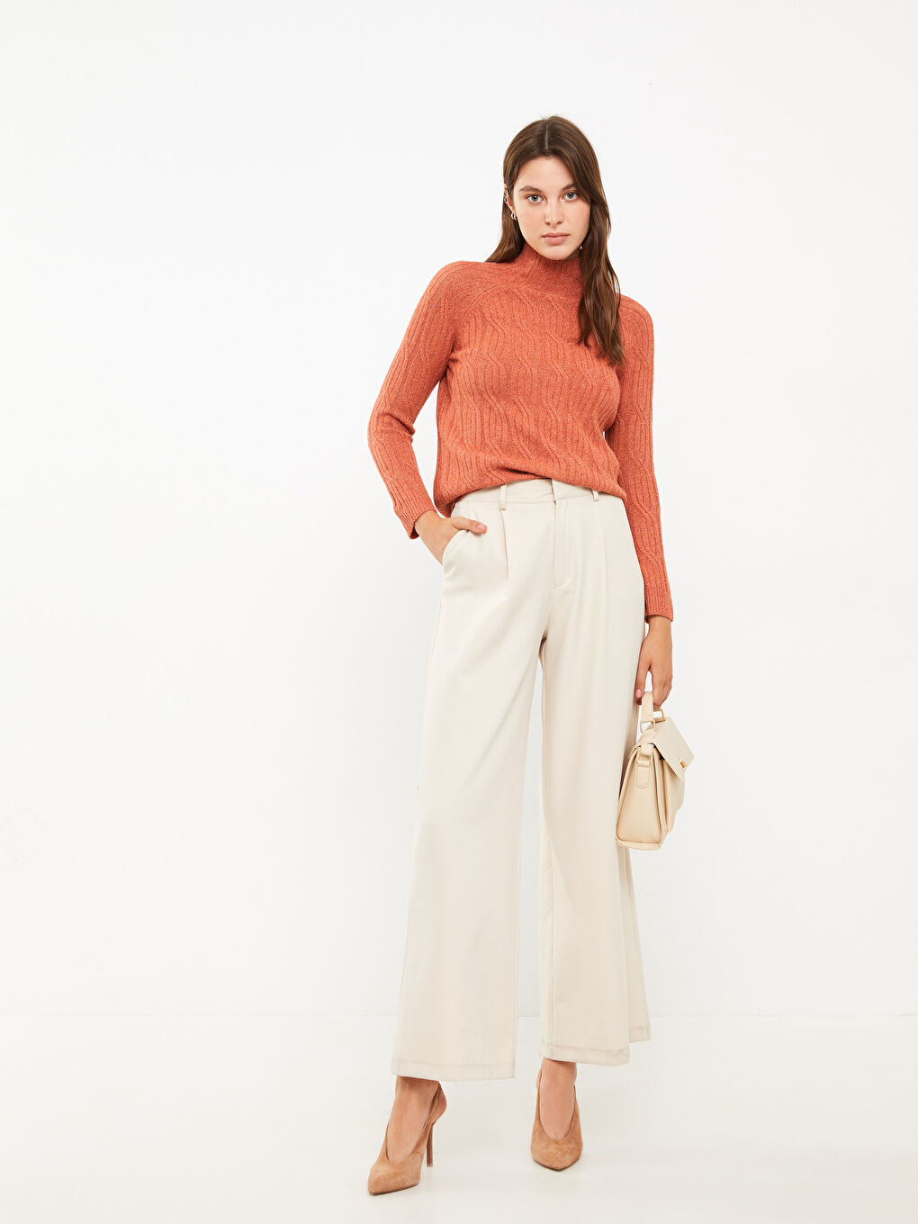 Half Turtleneck Self Patterned Long Sleeve Women's Tricot Sweater-1