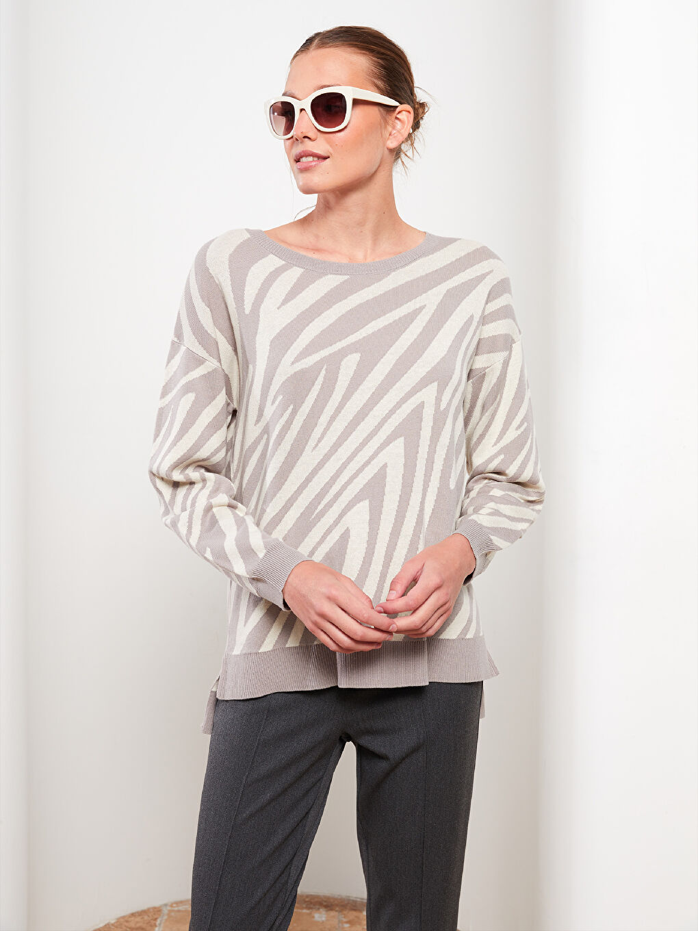 Crew Neck Patterned Long Sleeve Women's Knitwear Sweater-2