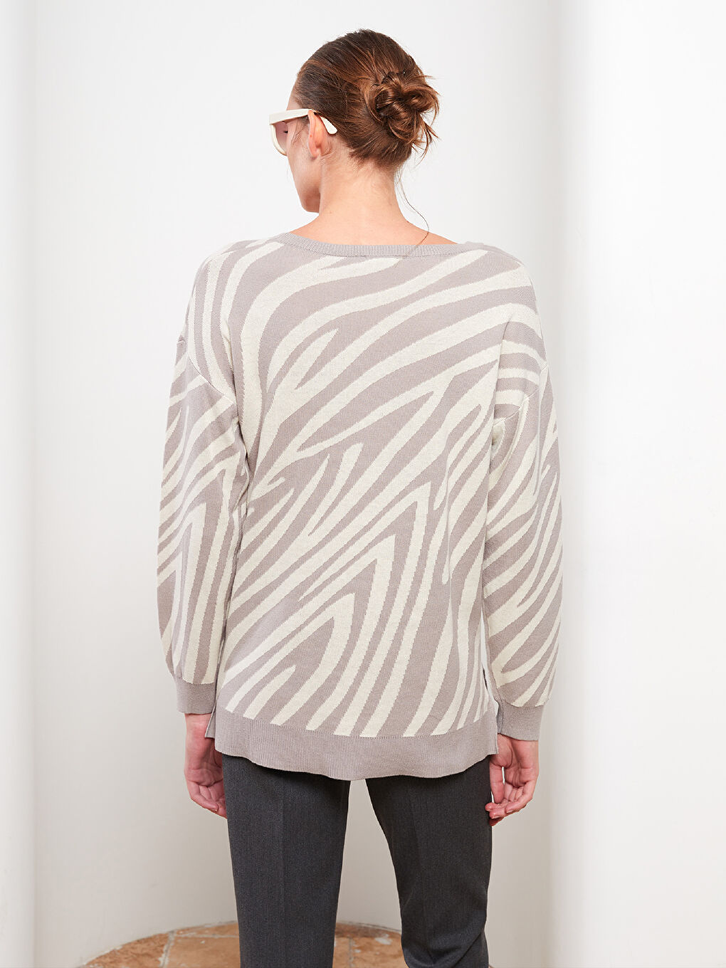 Crew Neck Patterned Long Sleeve Women's Knitwear Sweater-4