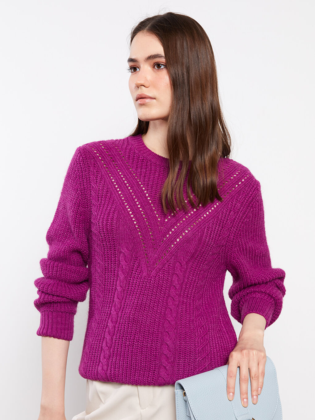 Mor Bisiklet Yaka Kendinden Desenli Uzun Kollu Kadın Triko Kazak