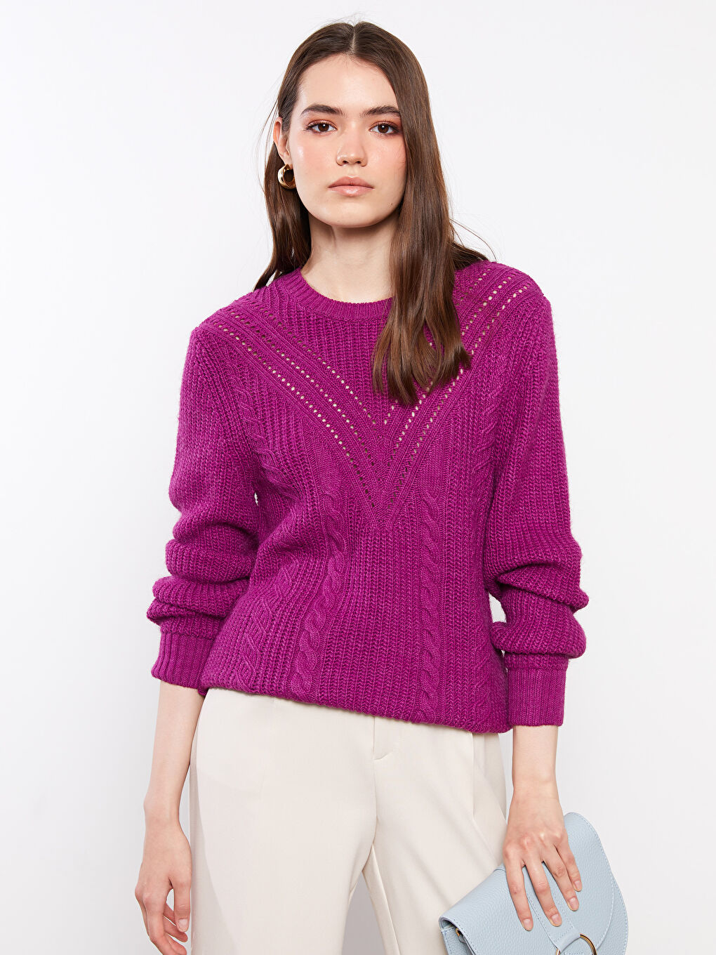 Mor Bisiklet Yaka Kendinden Desenli Uzun Kollu Kadın Triko Kazak-1