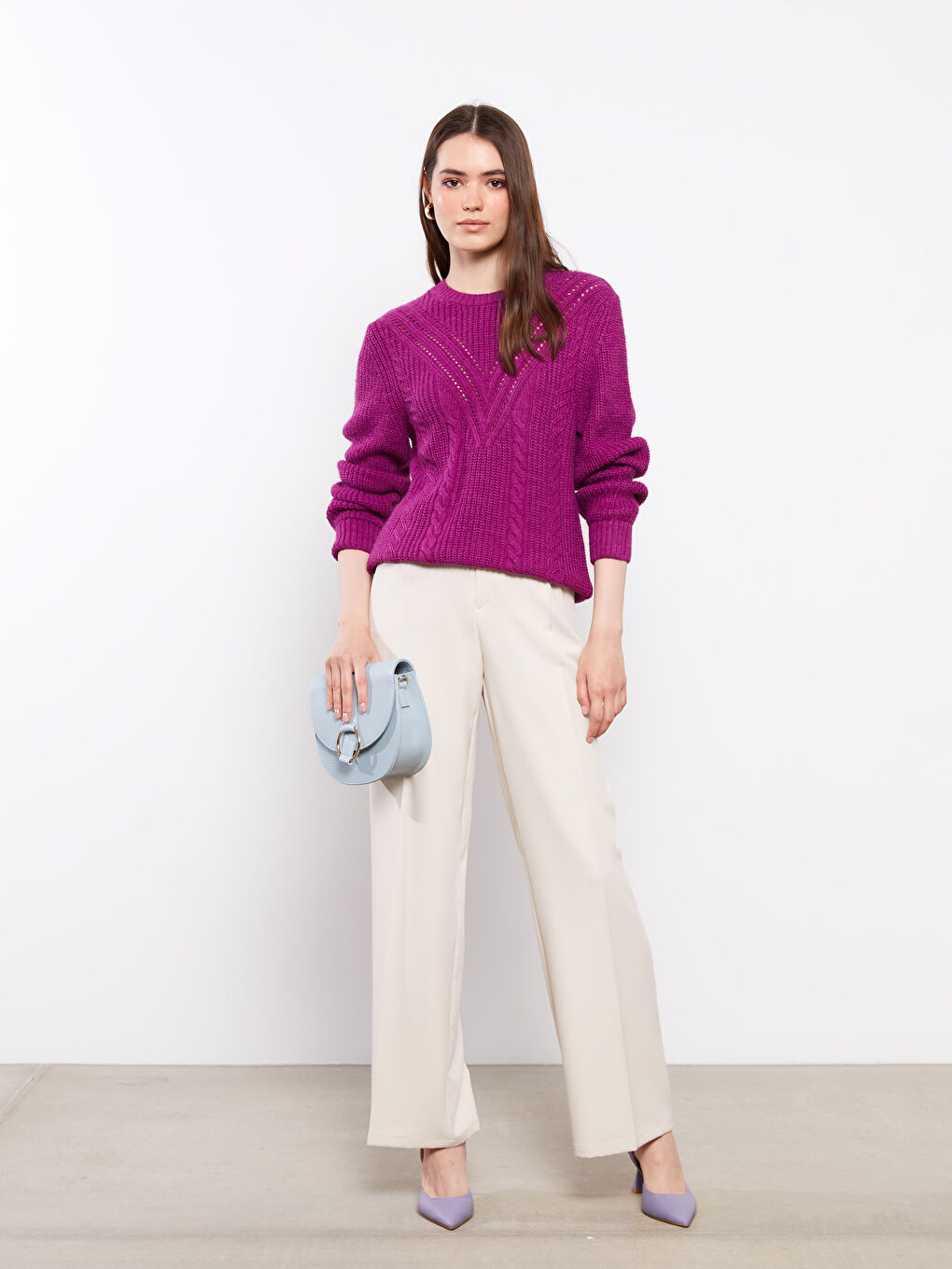 Mor Bisiklet Yaka Kendinden Desenli Uzun Kollu Kadın Triko Kazak-2