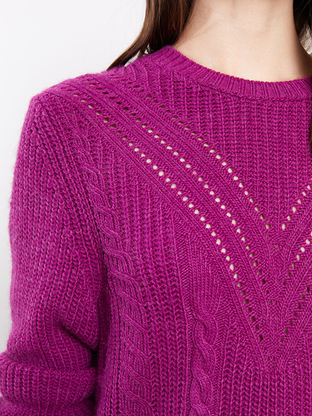 Mor Bisiklet Yaka Kendinden Desenli Uzun Kollu Kadın Triko Kazak-3