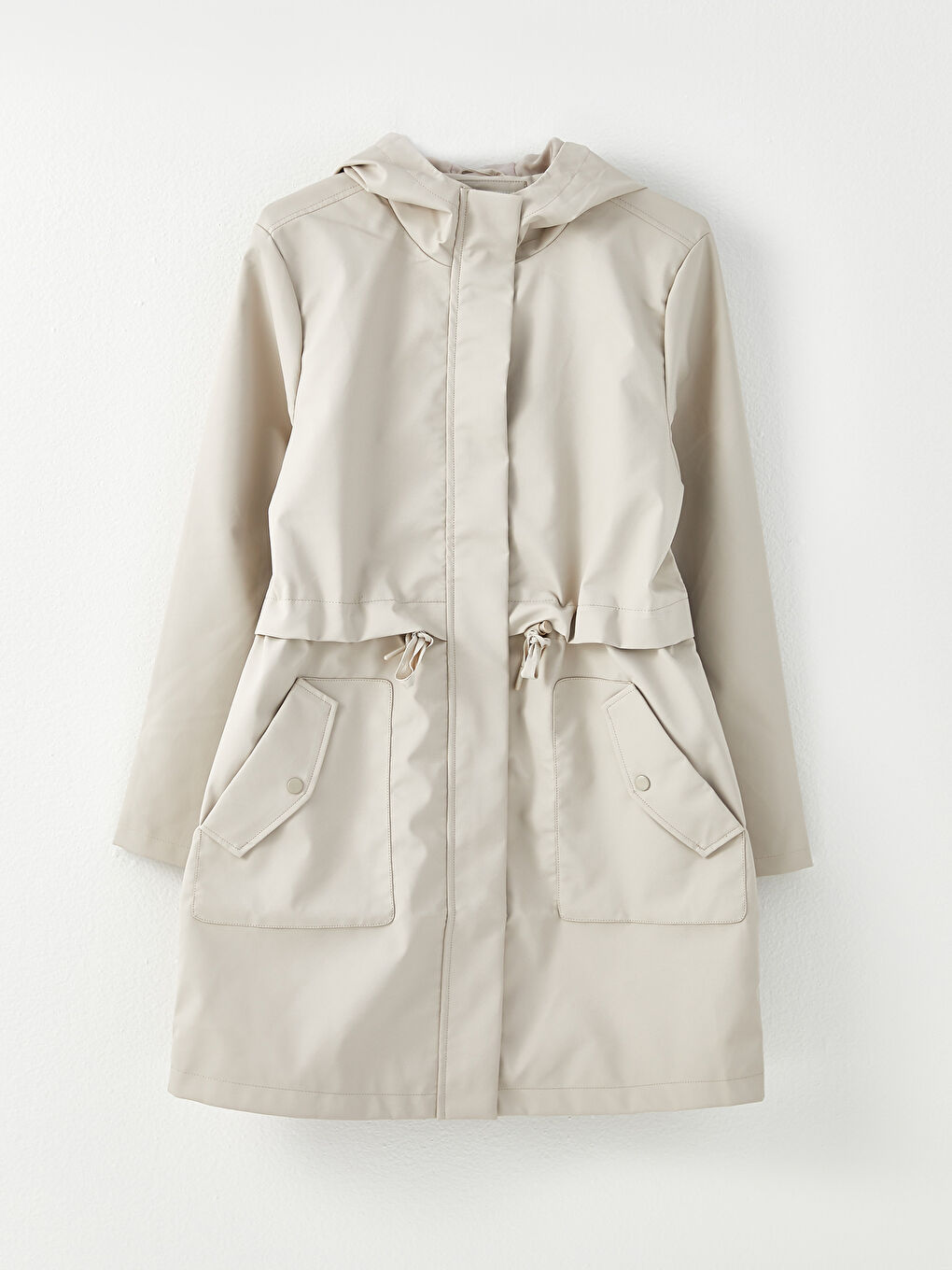 Bej Kadın Kapüşonlu Düz Yağmurluk-7