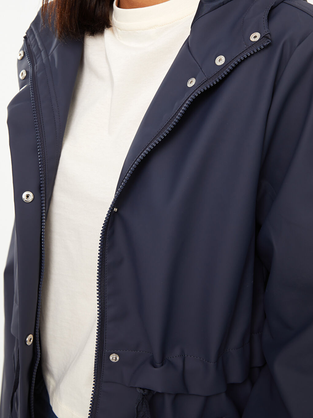 Lacivert Kadın Kapüşonlu Düz Yağmurluk-4