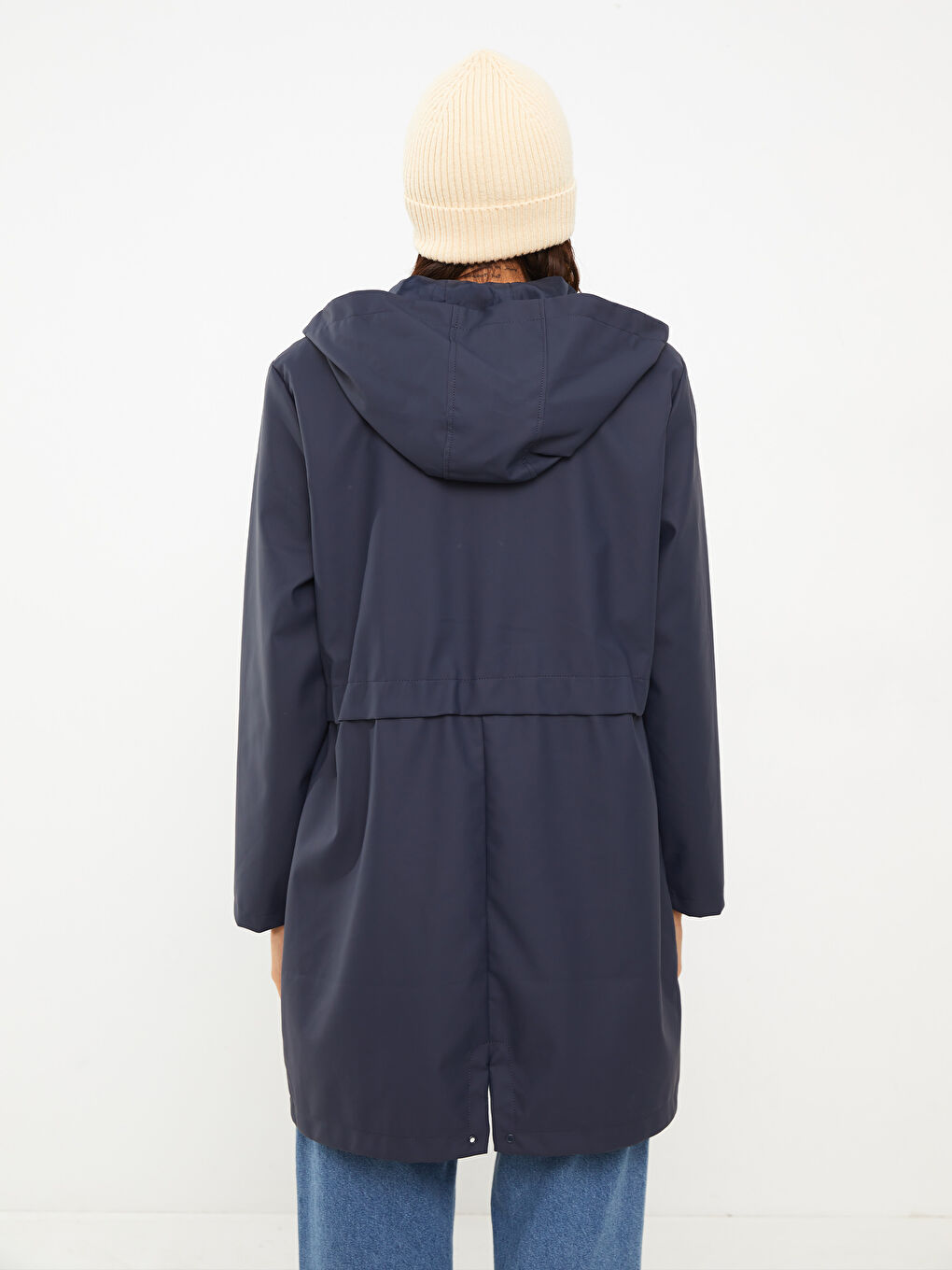 Lacivert Kadın Kapüşonlu Düz Yağmurluk-5