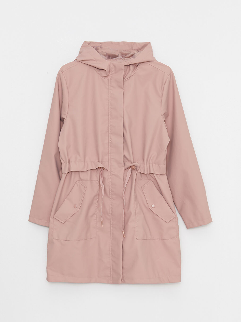 Pembe Kadın Kapüşonlu Düz Yağmurluk-5