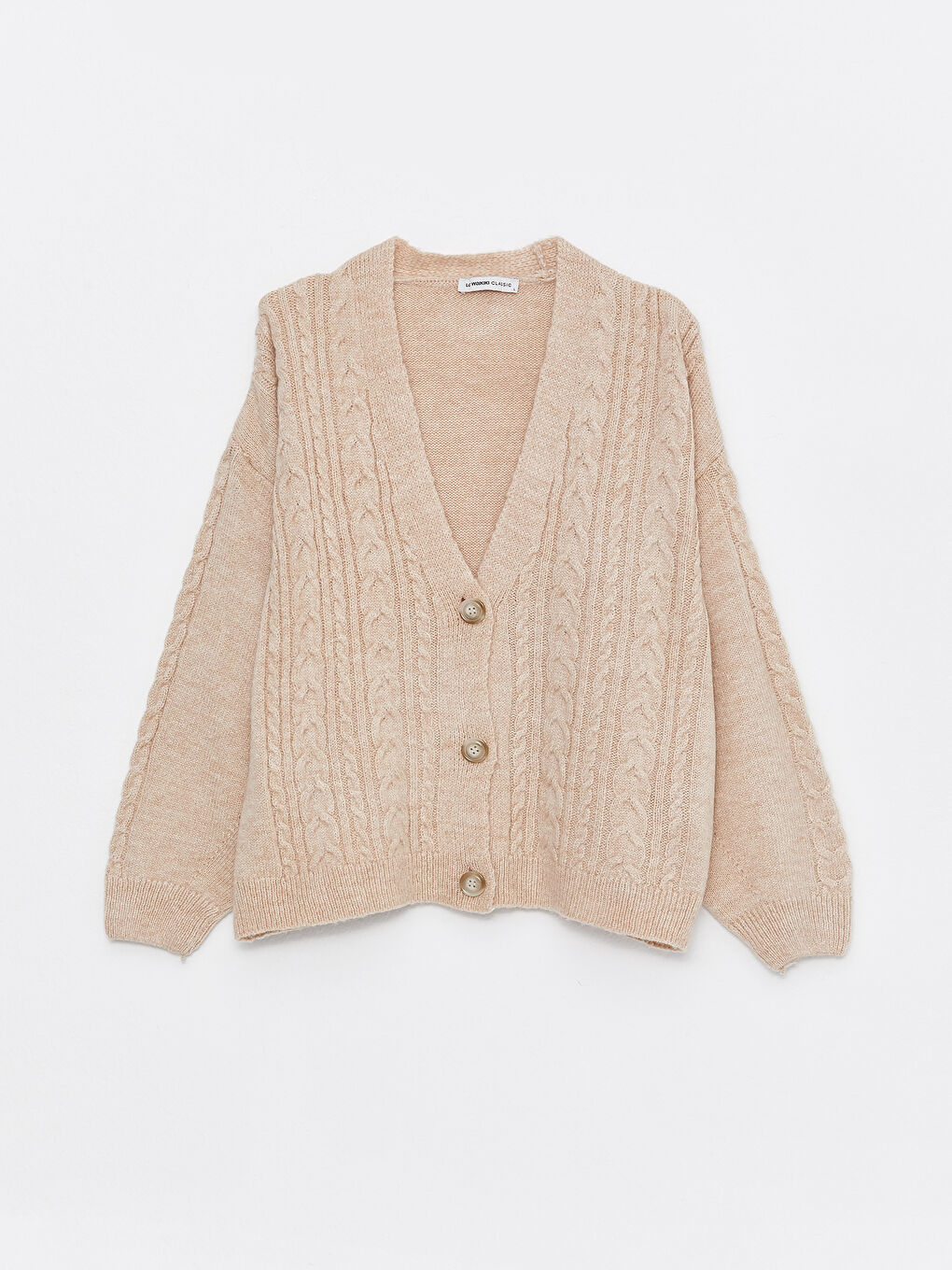 Ekru V Yaka Kendinden Desenli Uzun Kollu Kadın Triko Hırka-1