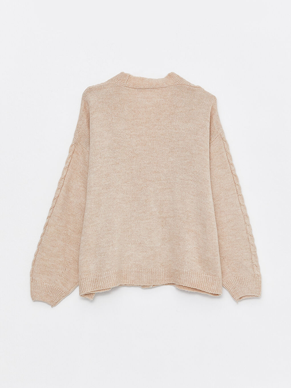 Ekru V Yaka Kendinden Desenli Uzun Kollu Kadın Triko Hırka-2