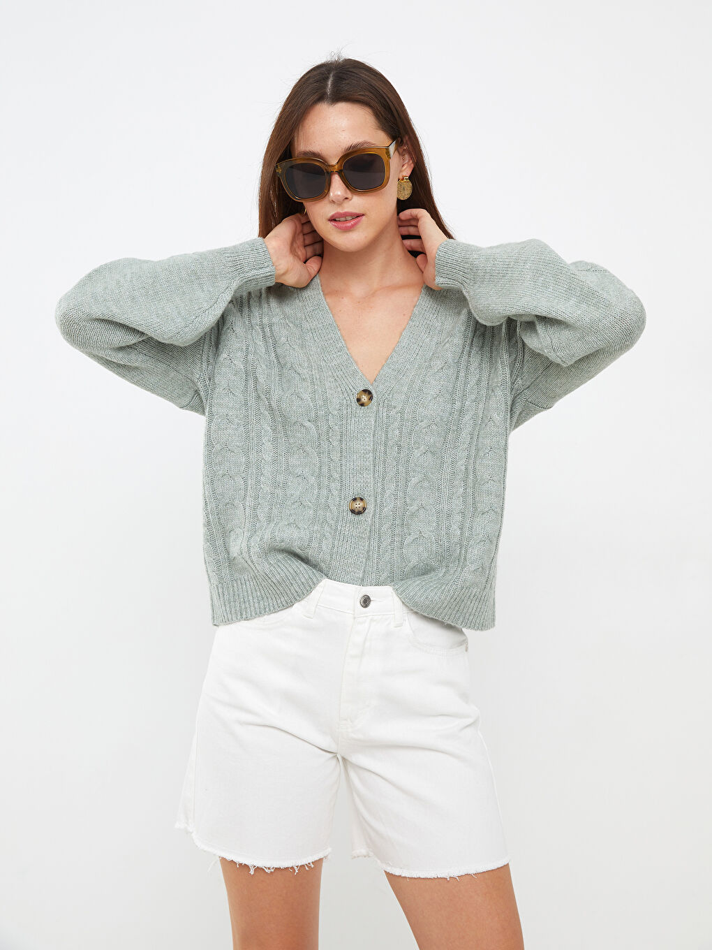 Yeşil V Yaka Kendinden Desenli Uzun Kollu Kadın Triko Hırka-2