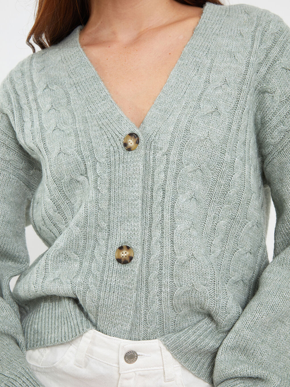 Yeşil V Yaka Kendinden Desenli Uzun Kollu Kadın Triko Hırka-3