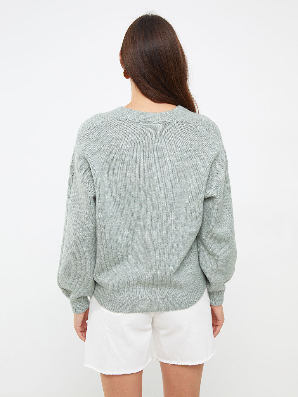 Yeşil V Yaka Kendinden Desenli Uzun Kollu Kadın Triko Hırka-4