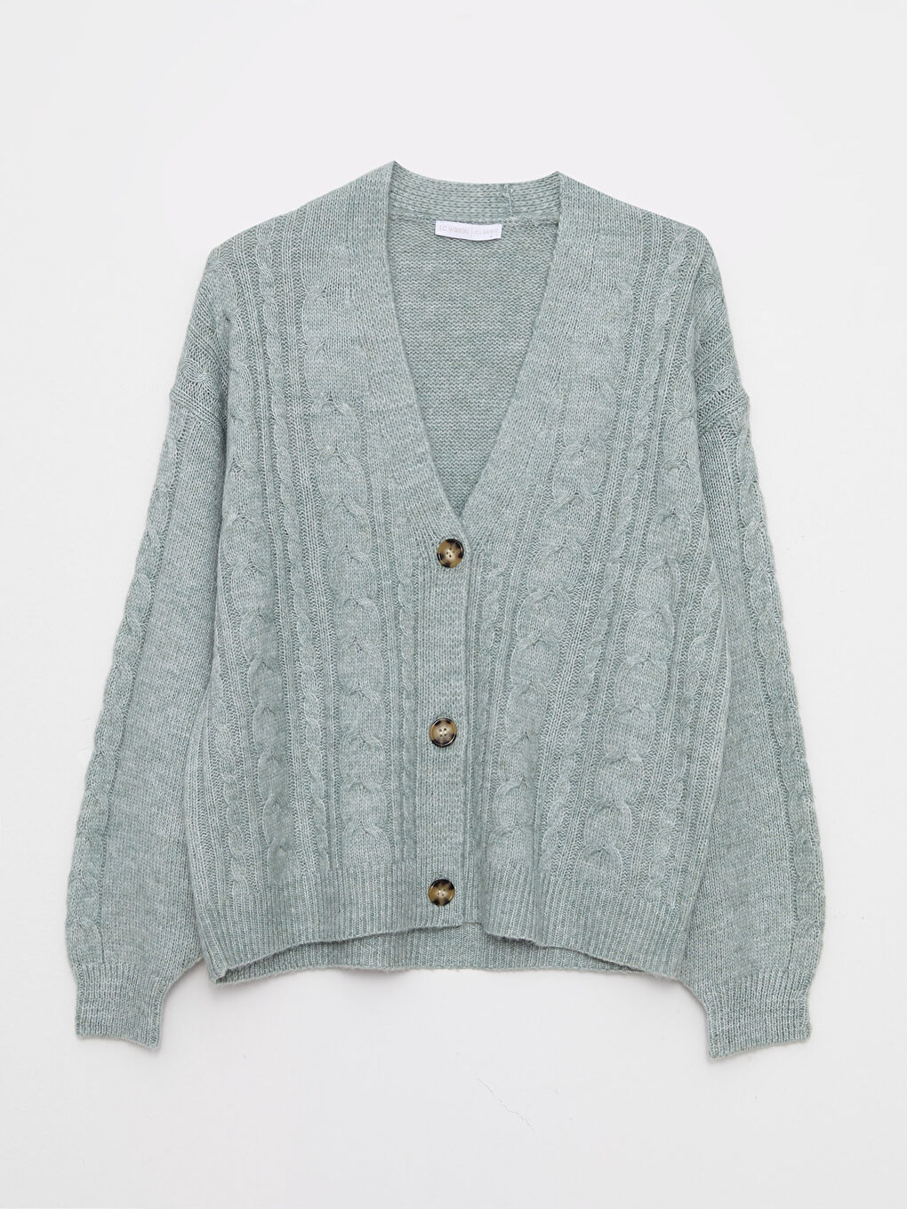 Yeşil V Yaka Kendinden Desenli Uzun Kollu Kadın Triko Hırka-5