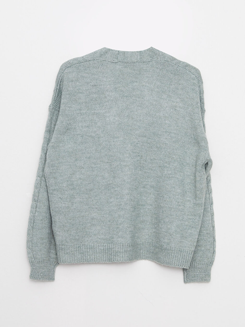 Yeşil V Yaka Kendinden Desenli Uzun Kollu Kadın Triko Hırka-6