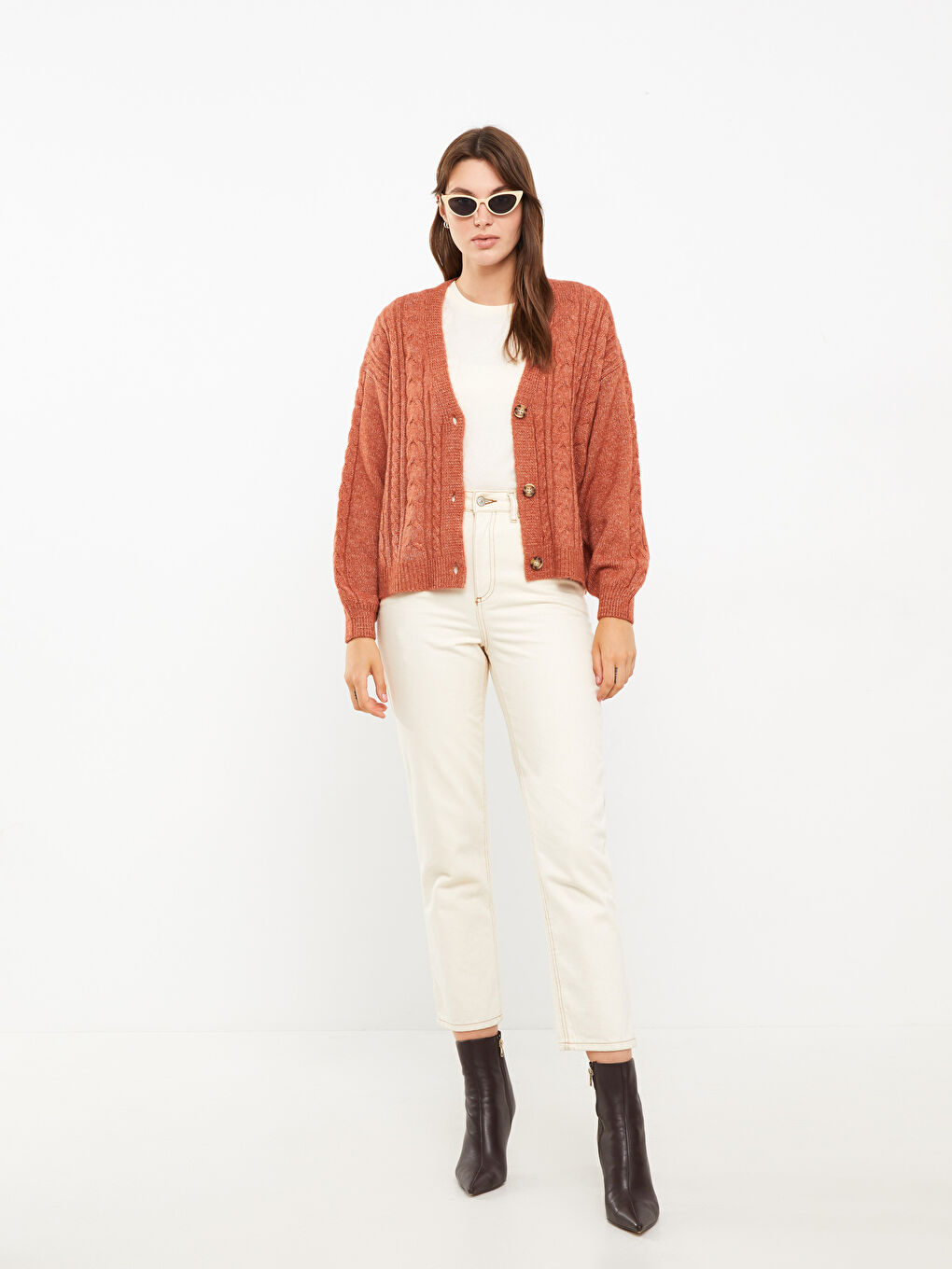LCWAIKIKI Basic V-Ausschnitt Selbstgemustert Langarm Damen Strickjacke -W20213Z8-H2C