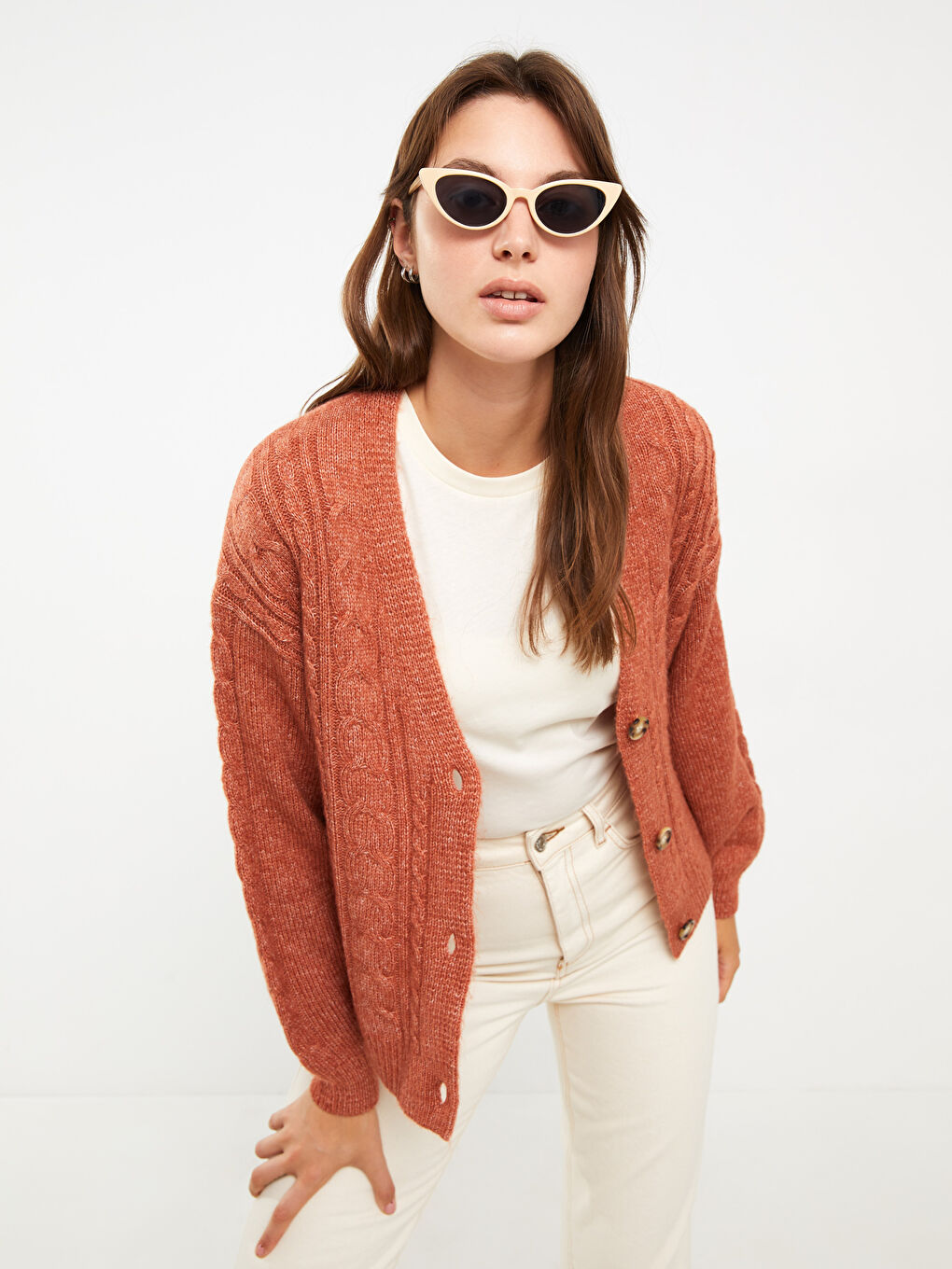 LCWAIKIKI Basic V-Ausschnitt Selbstgemustert Langarm Damen Strickjacke -W20213Z8-H2C