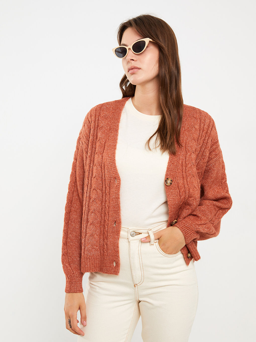 LCWAIKIKI Basic V-Ausschnitt Selbstgemustert Langarm Damen Strickjacke -W20213Z8-H2C
