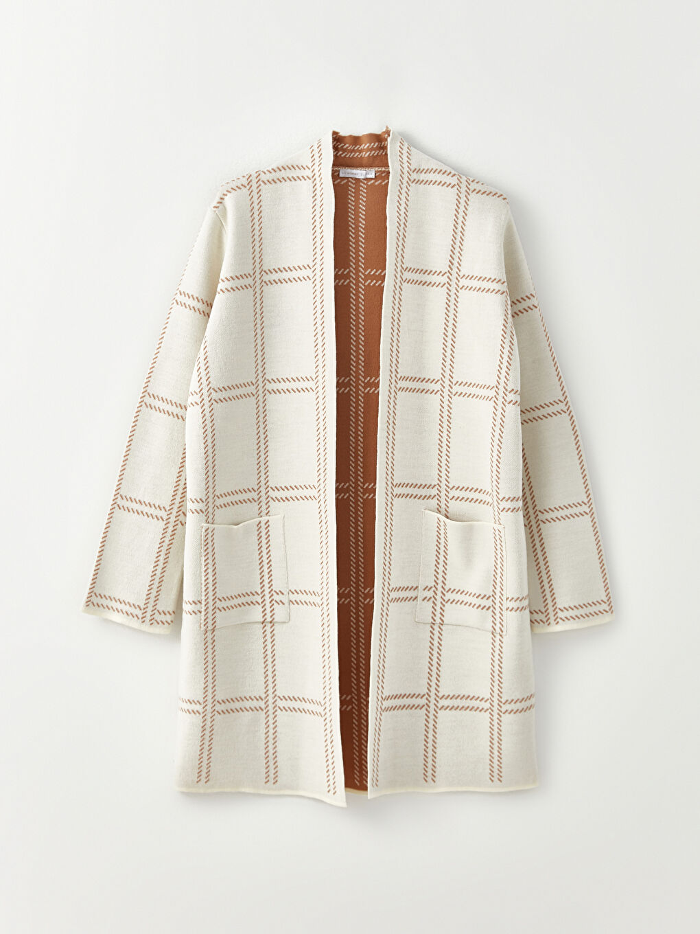 Ekru Şal Yaka Desenli Uzun Kollu Kadın Triko Hırka-5