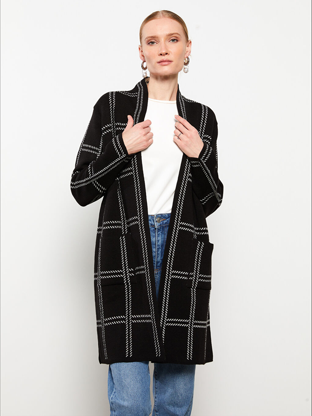 Siyah Şal Yaka Desenli Uzun Kollu Kadın Triko Hırka-2