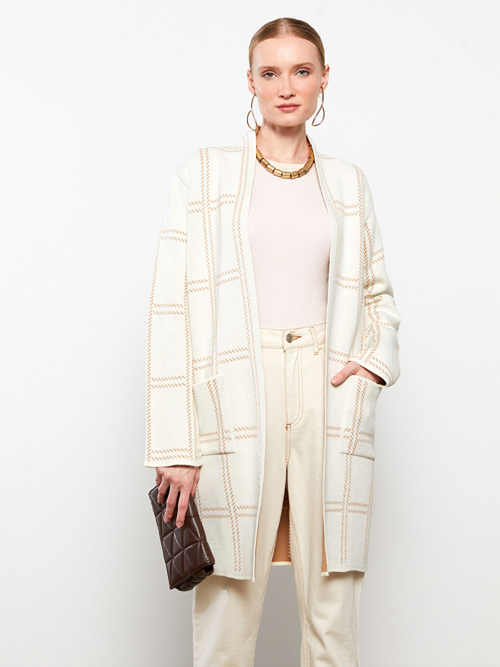 Ekru Şal Yaka Desenli Uzun Kollu Kadın Triko Hırka-1