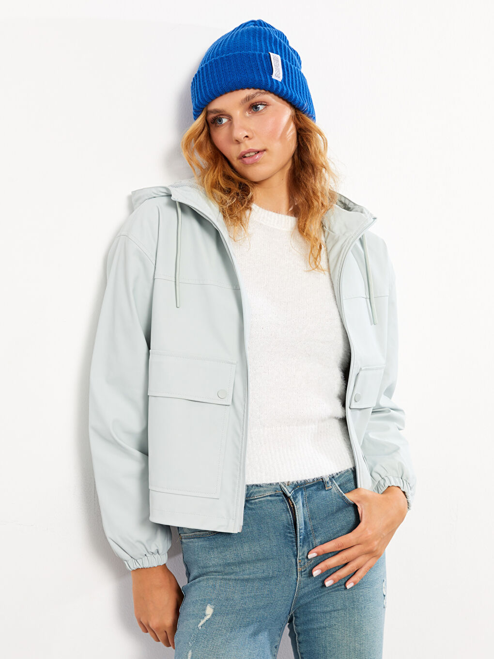 Yeşil Kadın Kapüşonlu Düz Yağmurluk