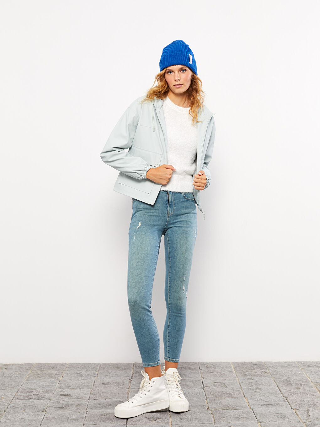 Yeşil Kadın Kapüşonlu Düz Yağmurluk-1