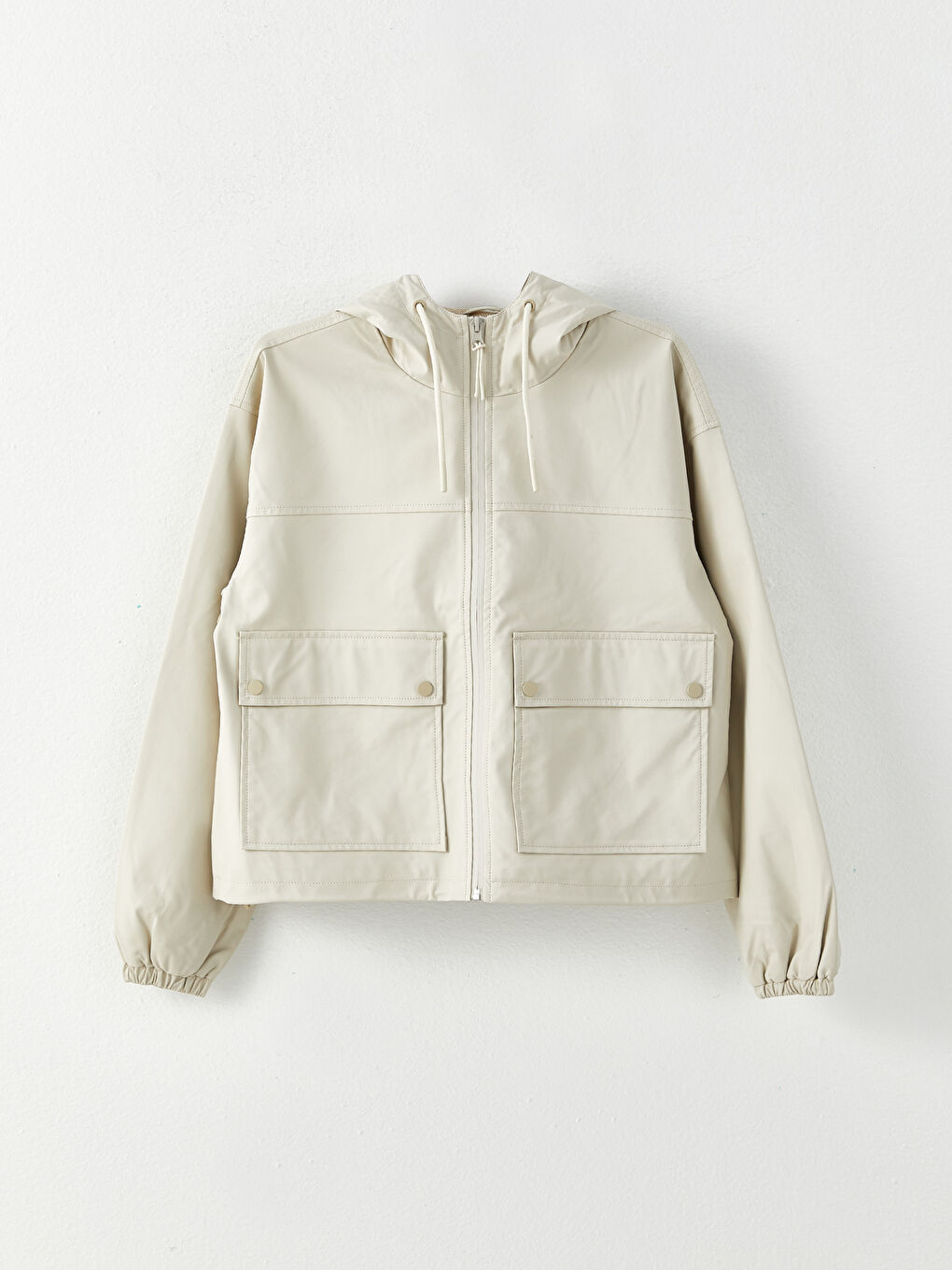 Bej Kadın Kapüşonlu Düz Yağmurluk-5