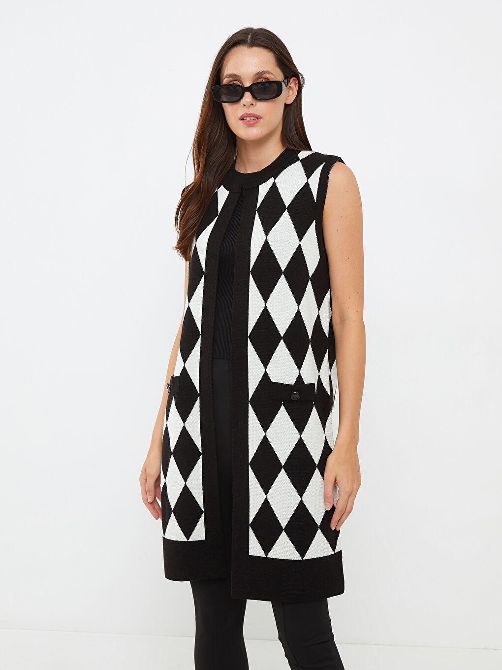 Crew Neck Patterned Women's Knitwear Waistcoat -W20229Z8-MJQ