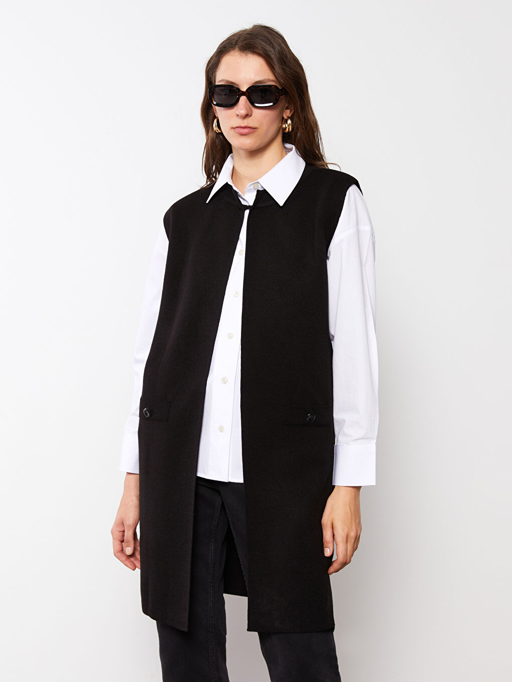 Women's Crew Neck Plain Knitwear Waistcoat-3