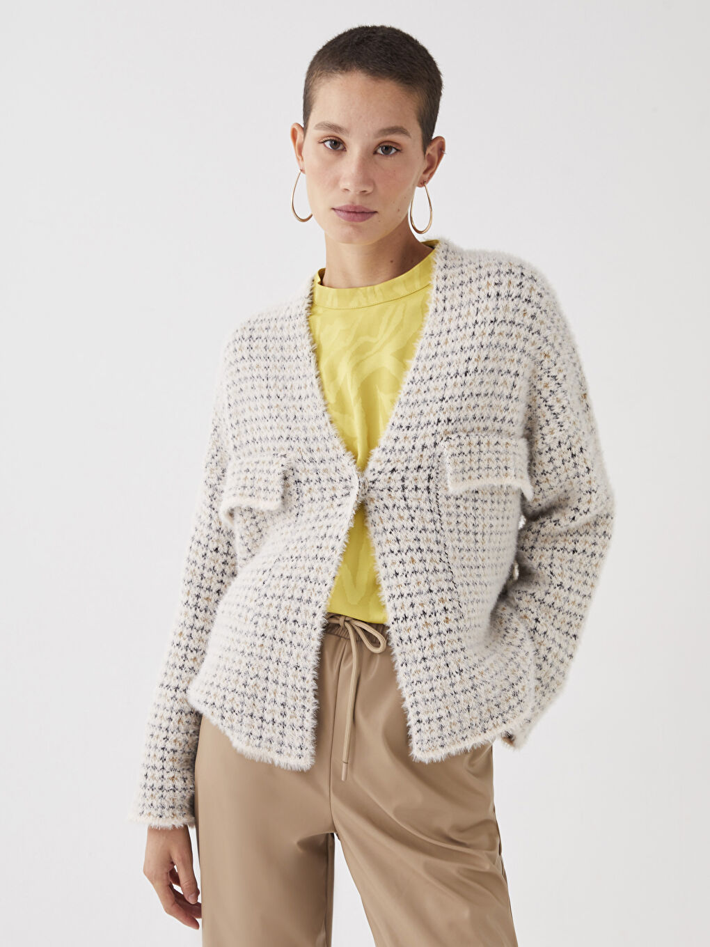 V-Ausschnitt Gemustert Damen Strickjacke-2