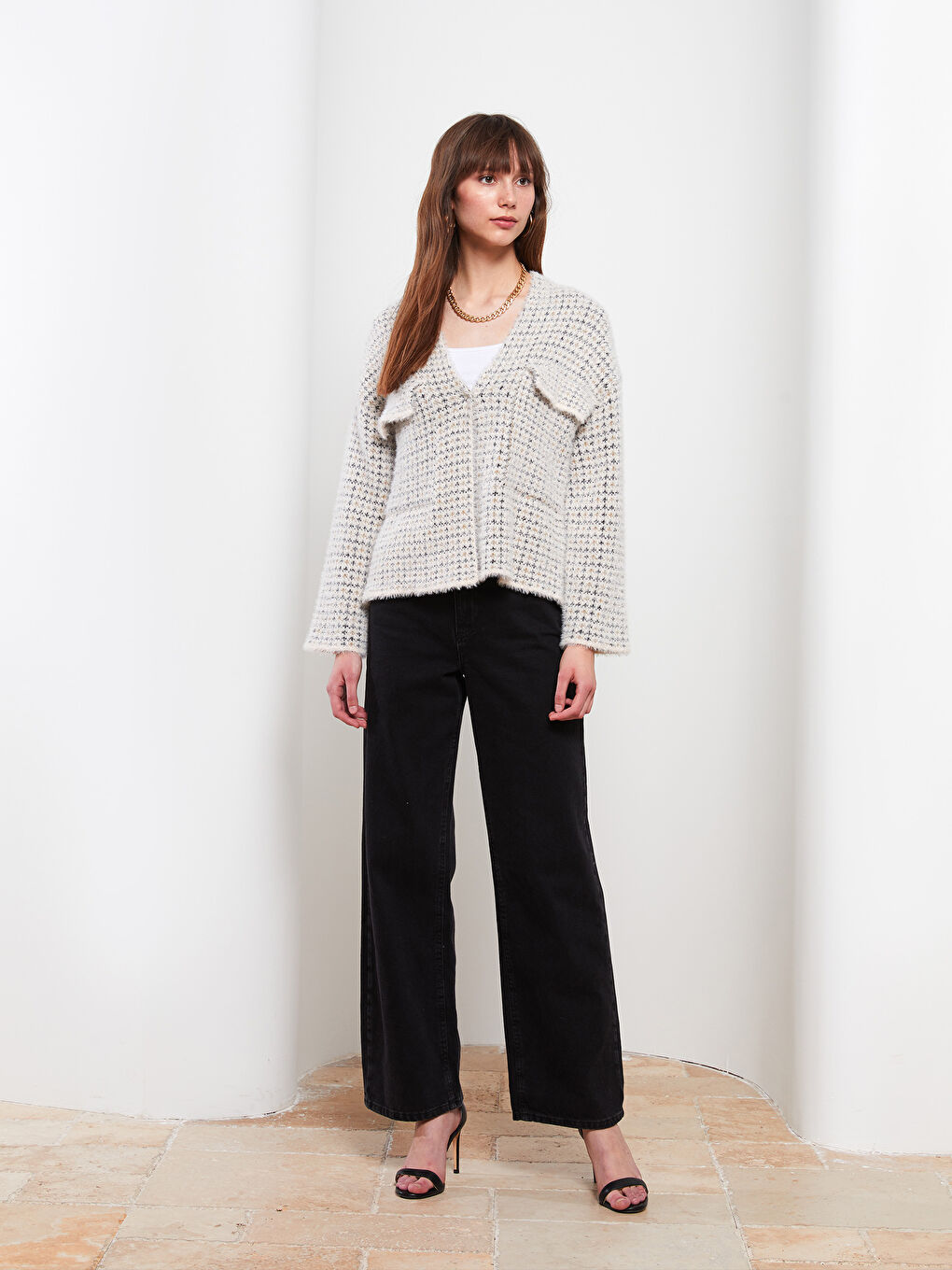 V-Ausschnitt Gemustert Damen Strickjacke-1