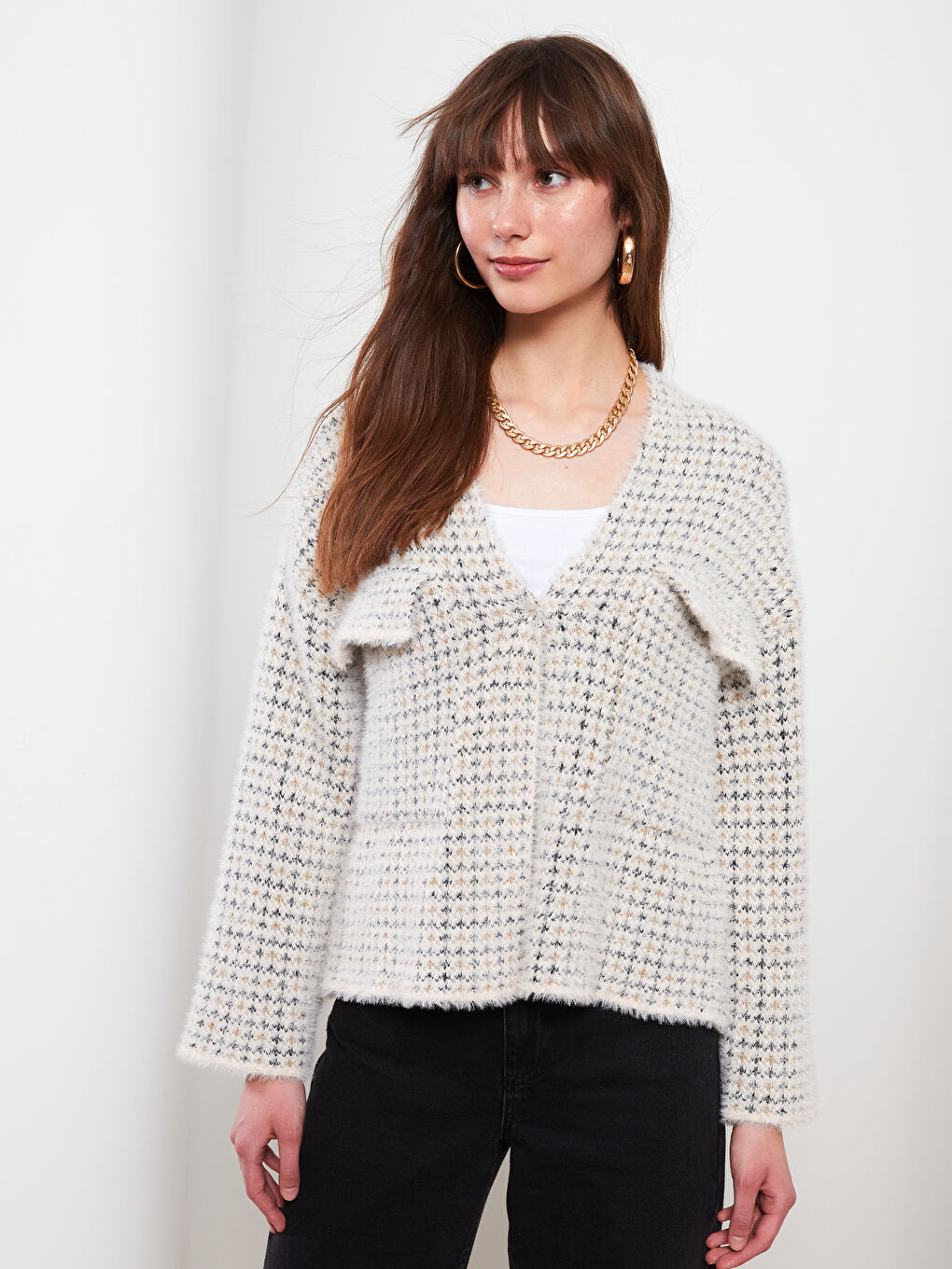 V-Ausschnitt Gemustert Damen Strickjacke-3