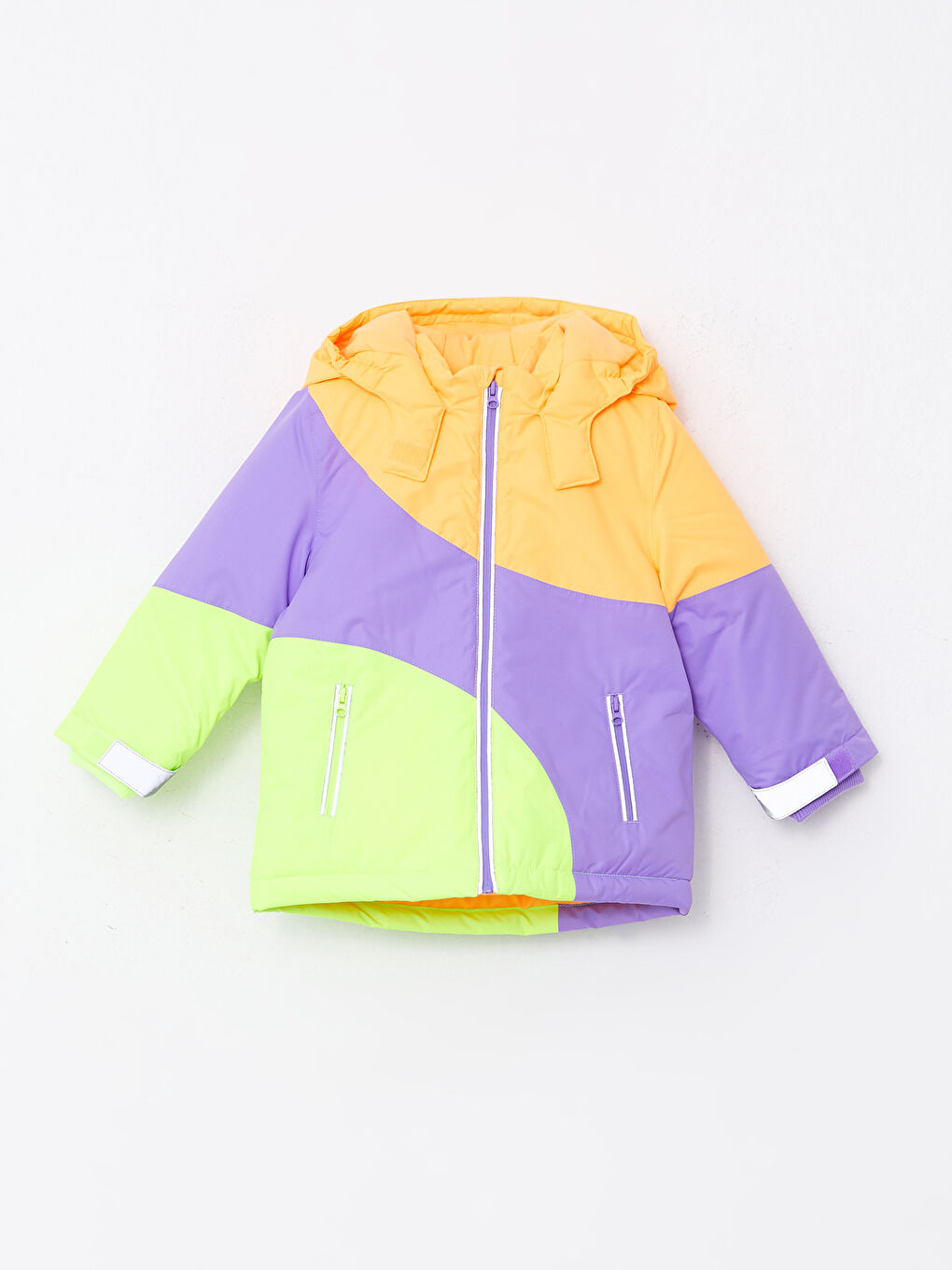 Mor Kapüşonlu Uzun Kollu Renk Bloklu Kız Bebek Kayak Montu ve Tulumu 2'li Takım-1