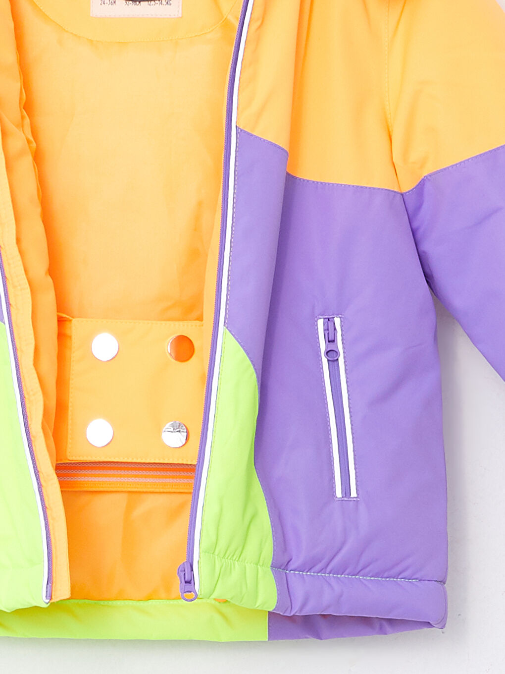 Mor Kapüşonlu Uzun Kollu Renk Bloklu Kız Bebek Kayak Montu ve Tulumu 2'li Takım-5