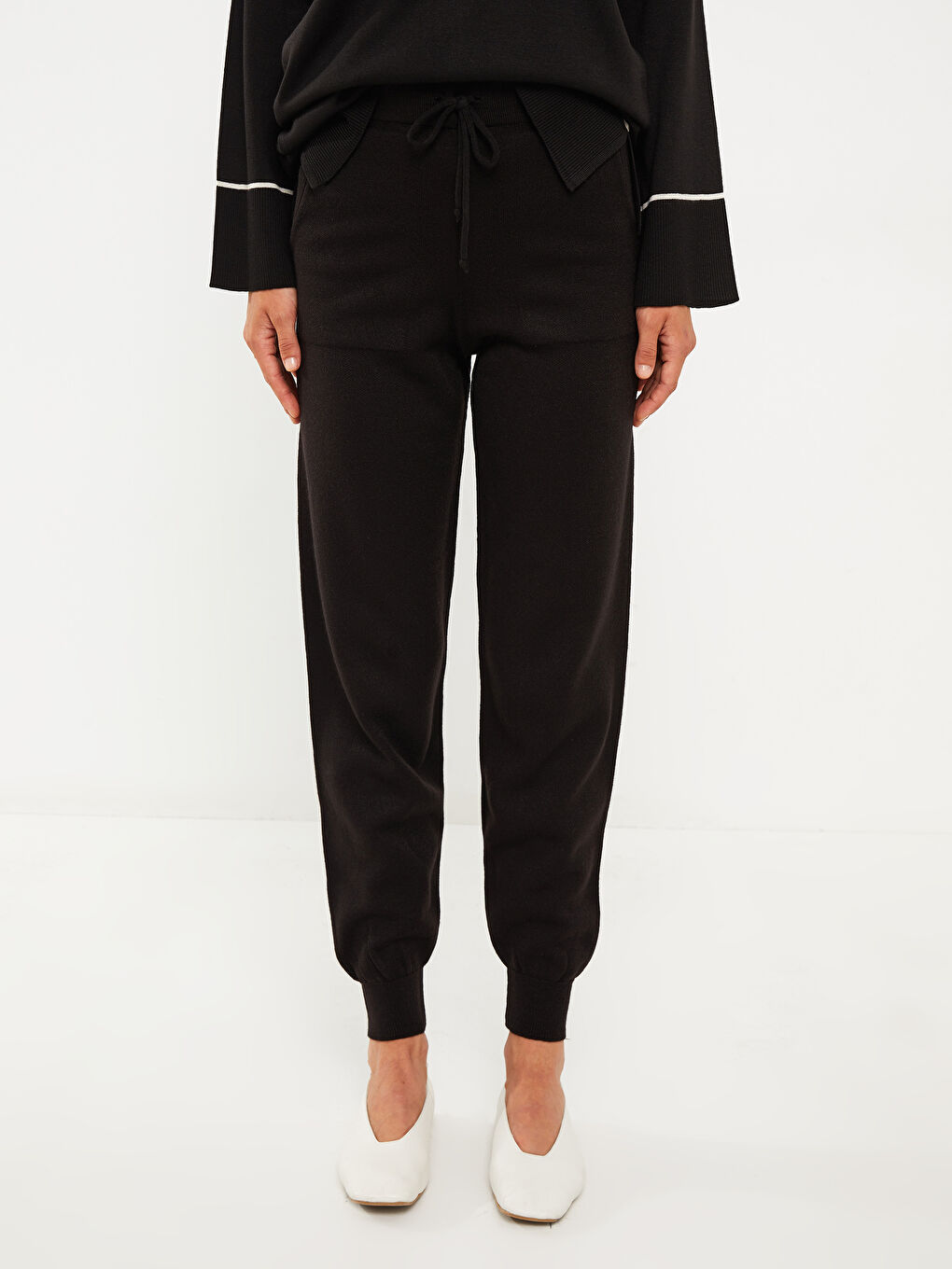 әйелдерге арналған белі резеңкелі, түзу, қалталы джоггер трикотаж шалбар-2