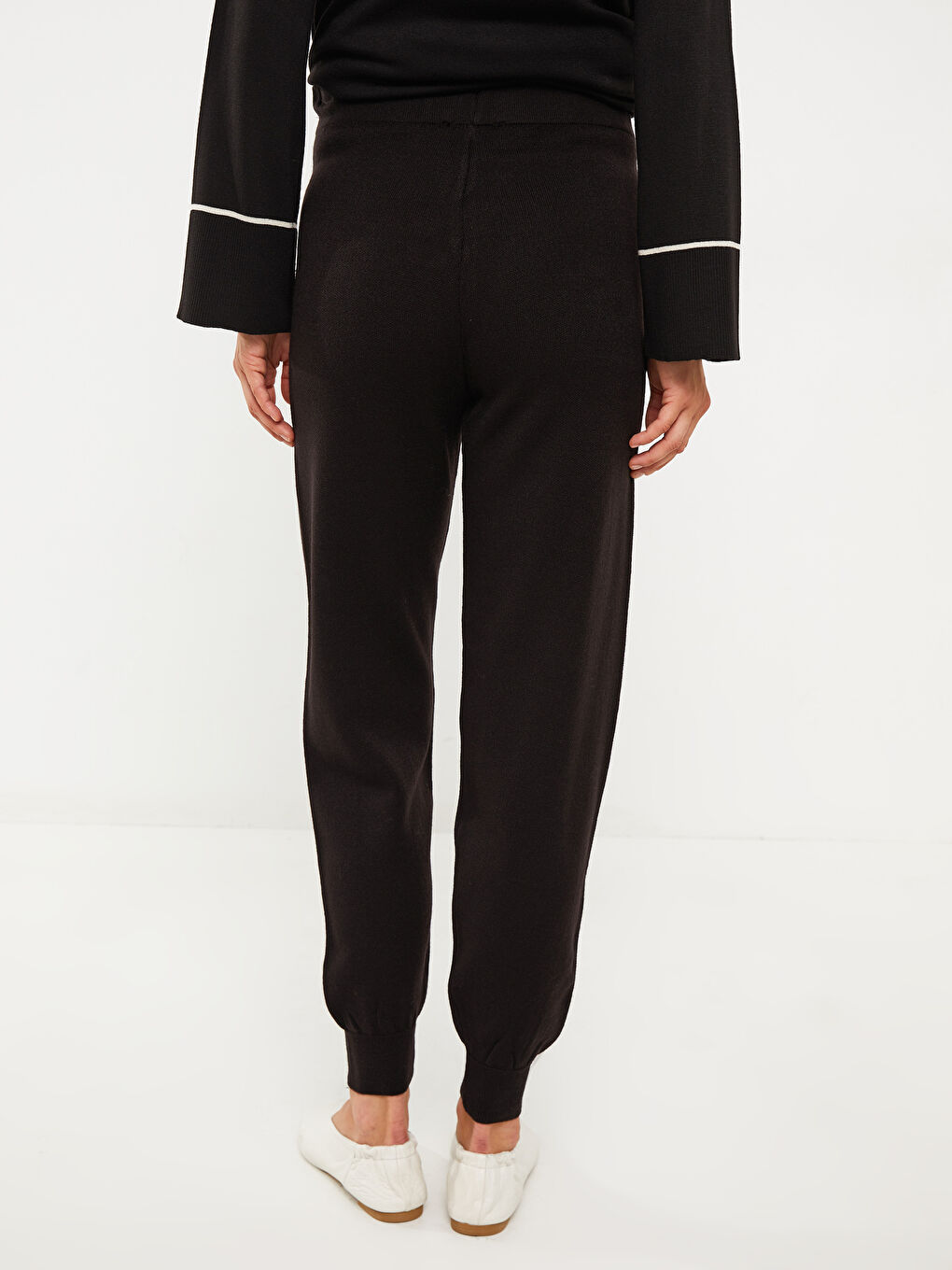 әйелдерге арналған белі резеңкелі, түзу, қалталы джоггер трикотаж шалбар-3