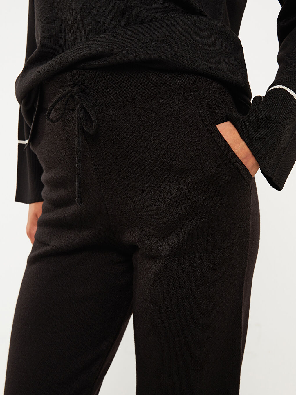 әйелдерге арналған белі резеңкелі, түзу, қалталы джоггер трикотаж шалбар-4