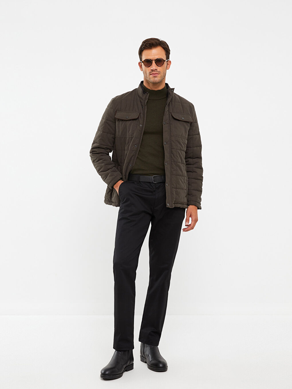 Haki Standart Kalıp Dik Yaka Erkek Süet Şişme Mont