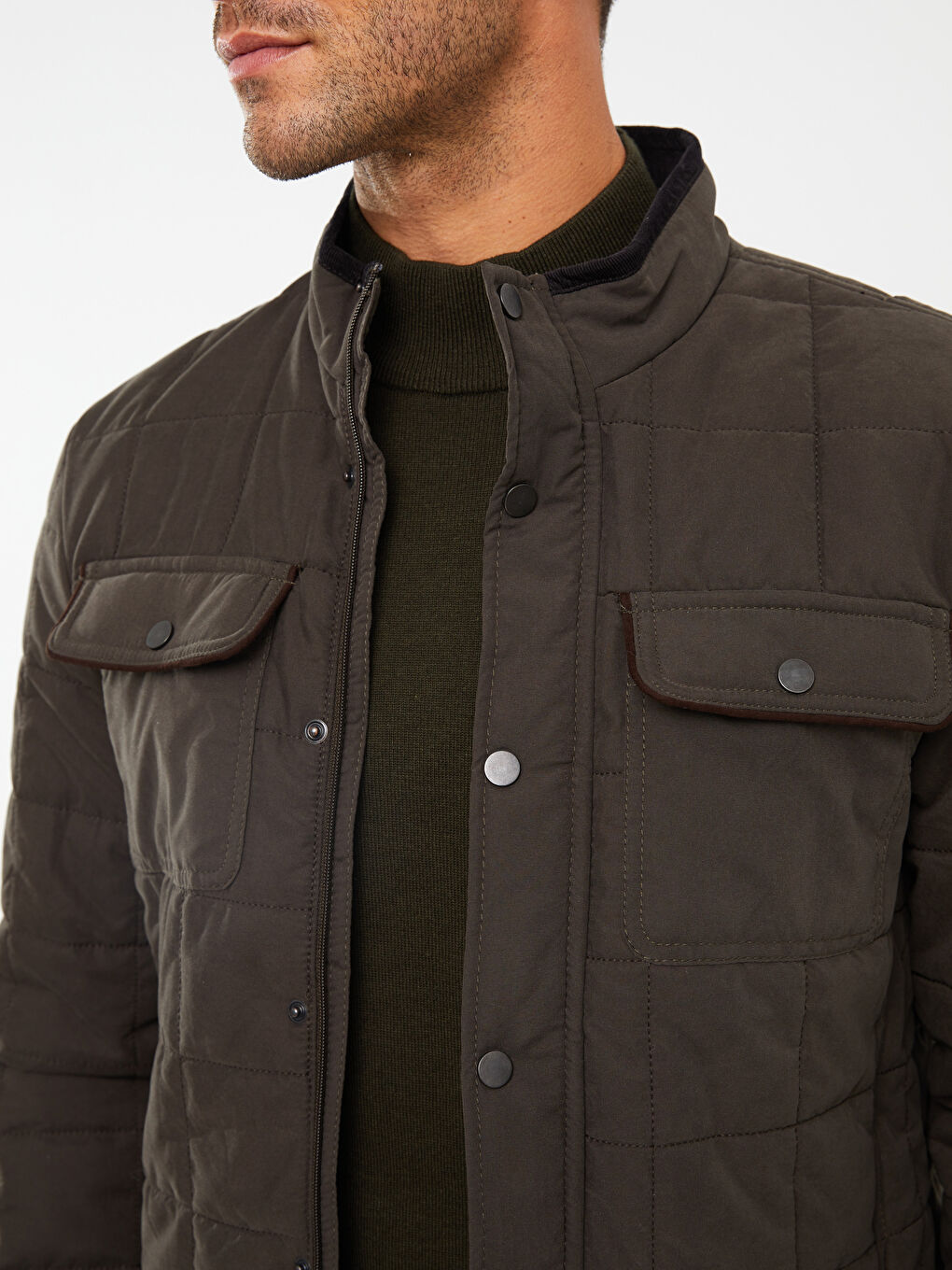 Haki Standart Kalıp Dik Yaka Erkek Süet Şişme Mont-2