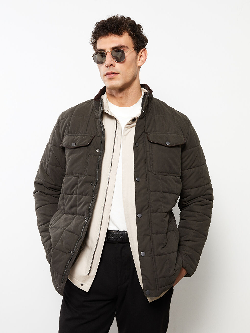 Regular Fit Funnel Neck Suede Men's Puffer Coat