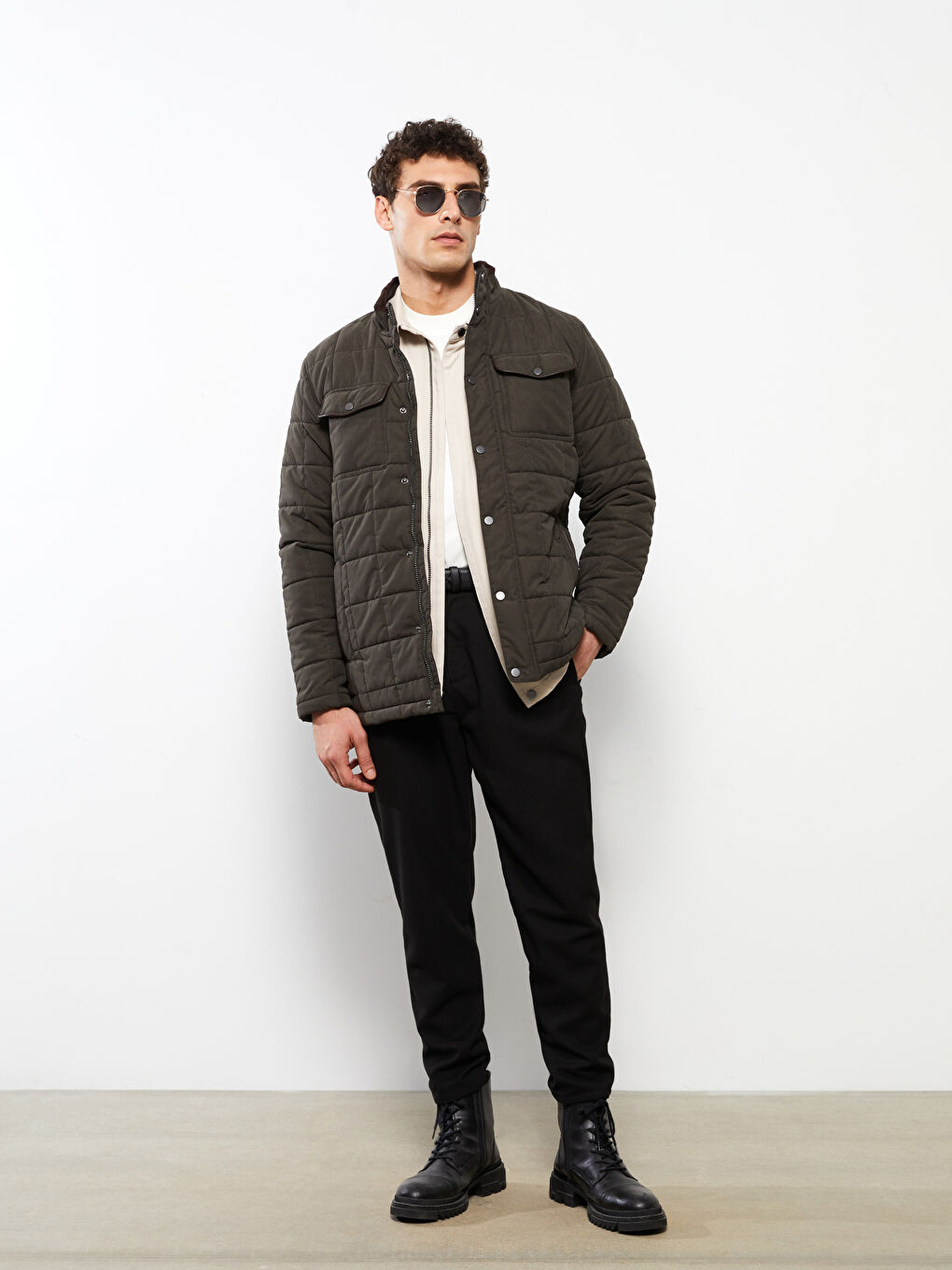 Regular Fit Funnel Neck Suede Men's Puffer Coat-2