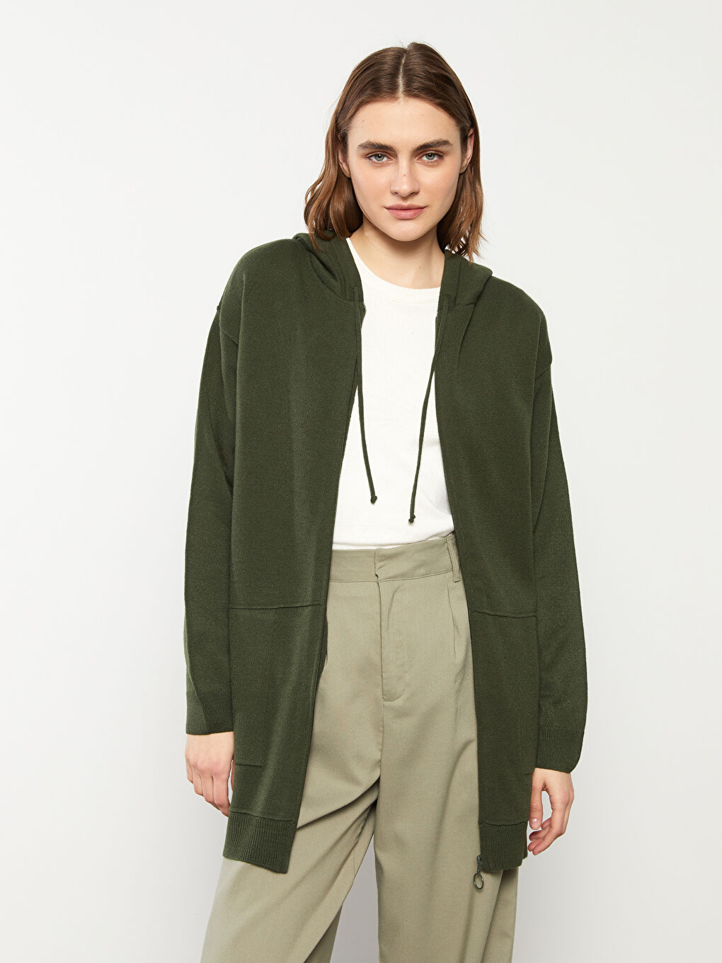 Hooded Plain Long Sleeve Women's Knitwear Cardigan-1