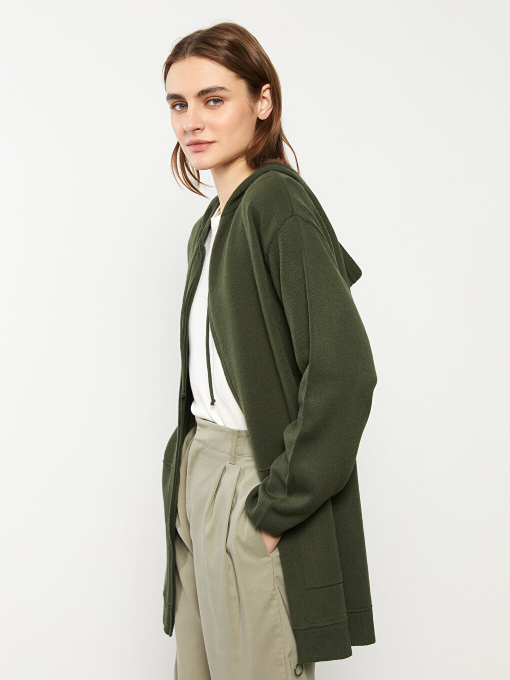 Hooded Plain Long Sleeve Women's Knitwear Cardigan-2